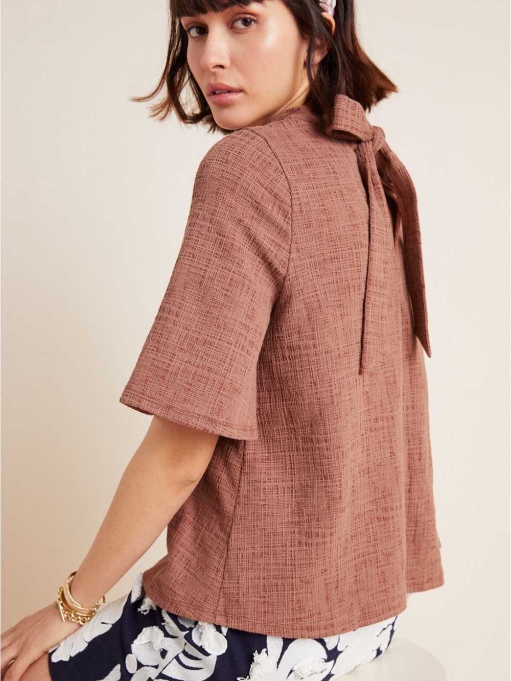 Current Air Textured Tie-Back Top in Dusty Rose Color